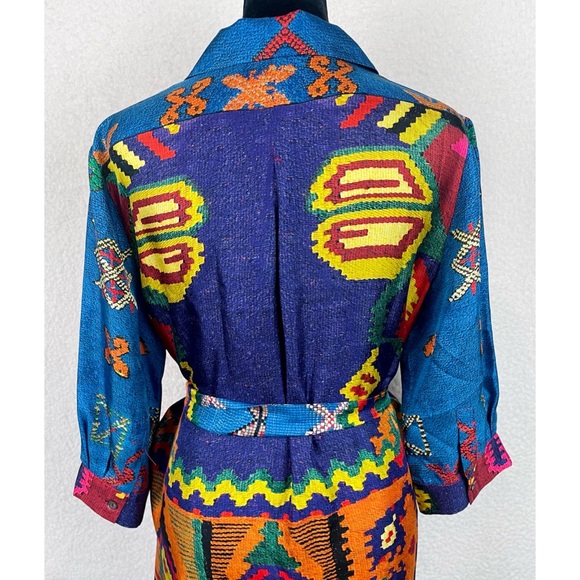 PIERRE-LOUIS MASCIA • Blue/Multi Ethnic 100% Silk Mini Dress - Picture 7 of 16